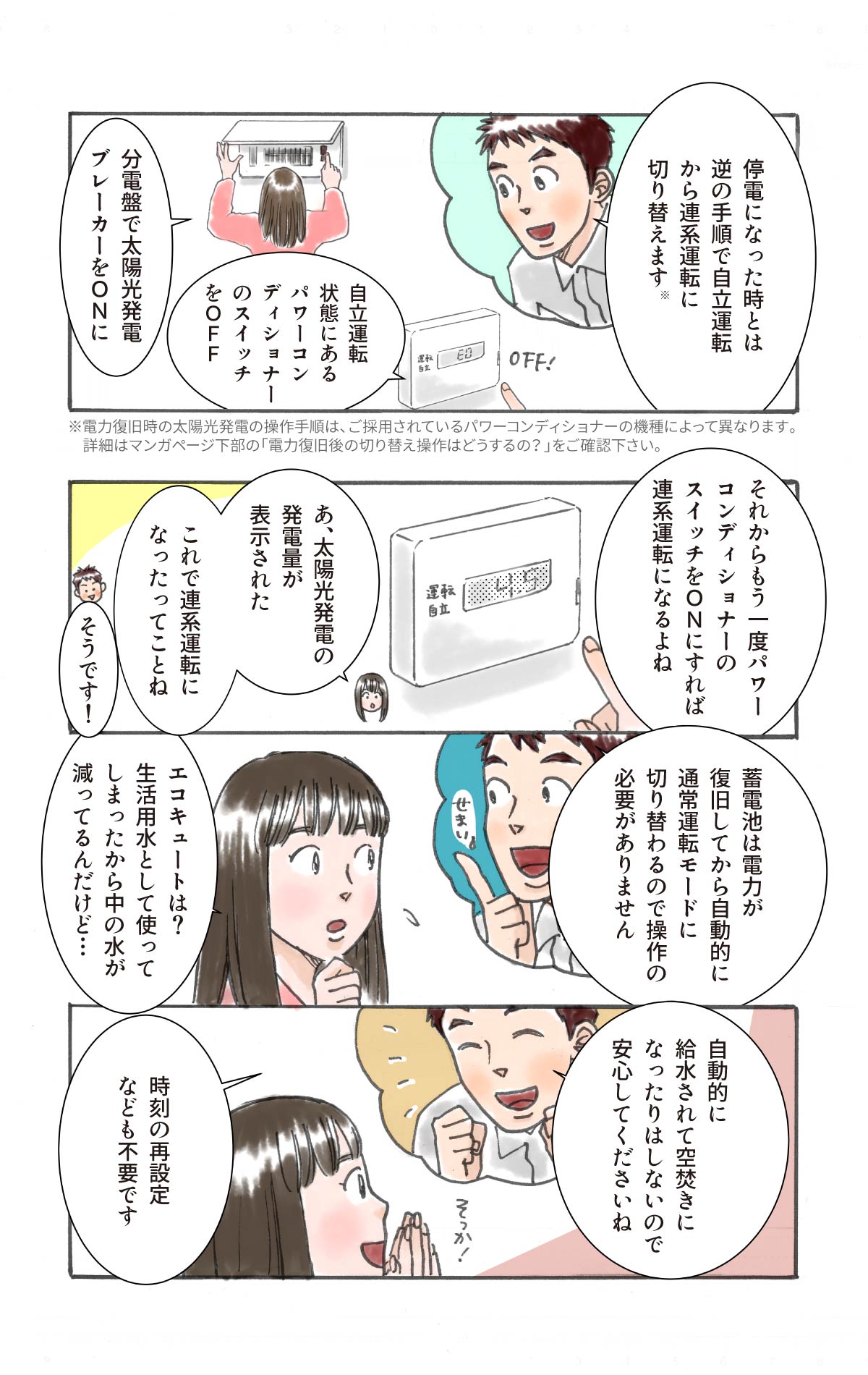 停電になった時とは逆の手順で、自立運転から連携運転に切り替え。蓄電池やエコキュートは操作の必要なし。